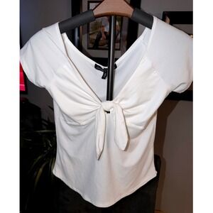 Derek Heart White Front Tie Knot Top Small Y2K Coquette Soft Stretch Blouse